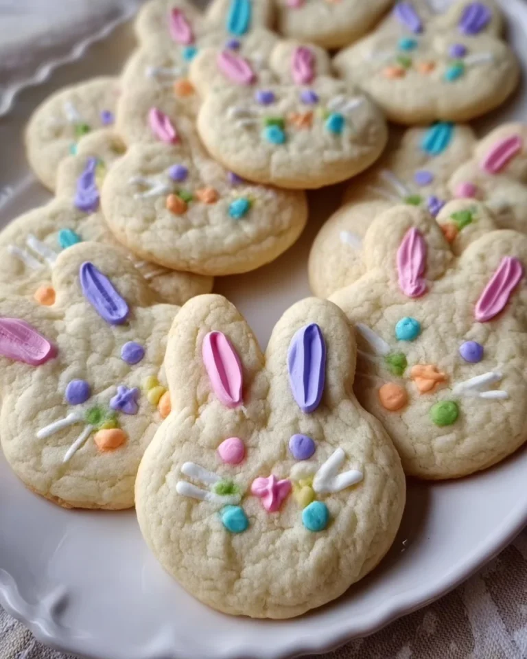 Decorated soft Easter Bunny sugar cookies on a festive table