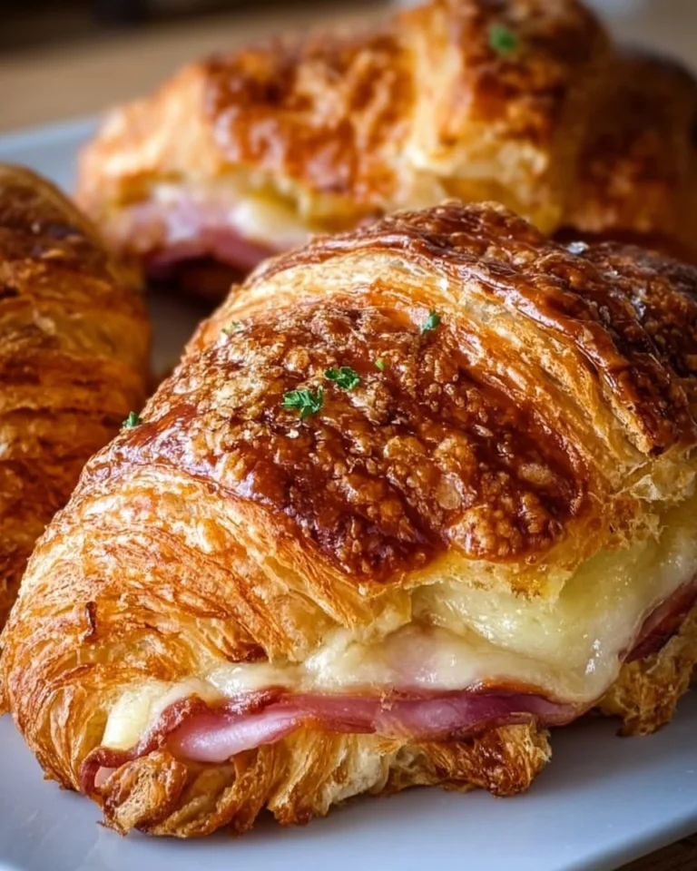 Freshly baked sourdough ham and cheese croissants with golden flaky layers.