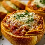 Spaghetti served in garlic bread bowls with herbs and cheese