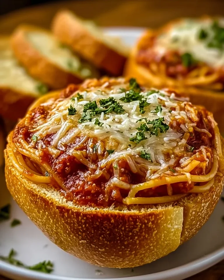 Spaghetti served in garlic bread bowls with herbs and cheese