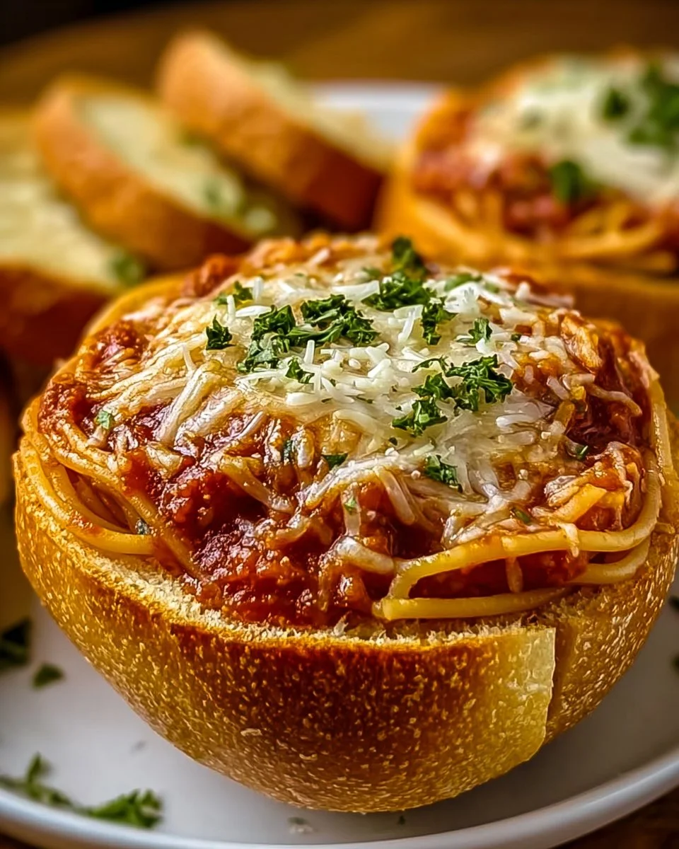 Spaghetti served in garlic bread bowls with herbs and cheese