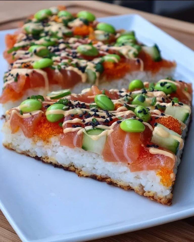 Delicious spicy salmon sushi pizza topped with fresh ingredients