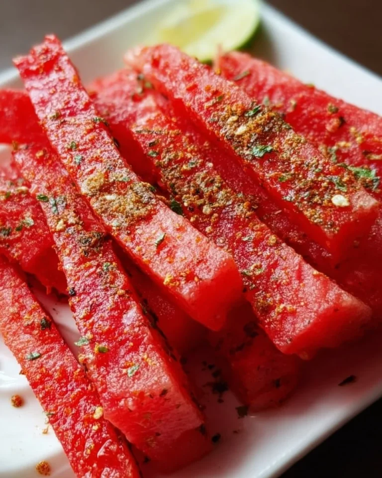 Spicy watermelon fries served with a dipping sauce on a white plate.