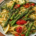 Plate of Spring Pasta Primavera with fresh vegetables and herbs.