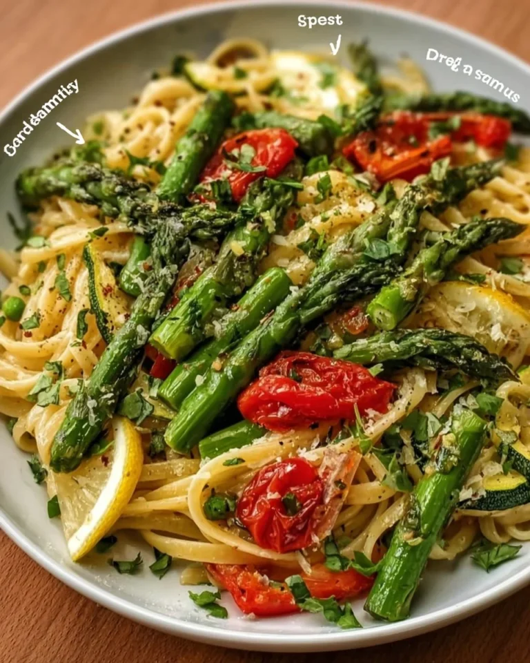 Plate of Spring Pasta Primavera with fresh vegetables and herbs.