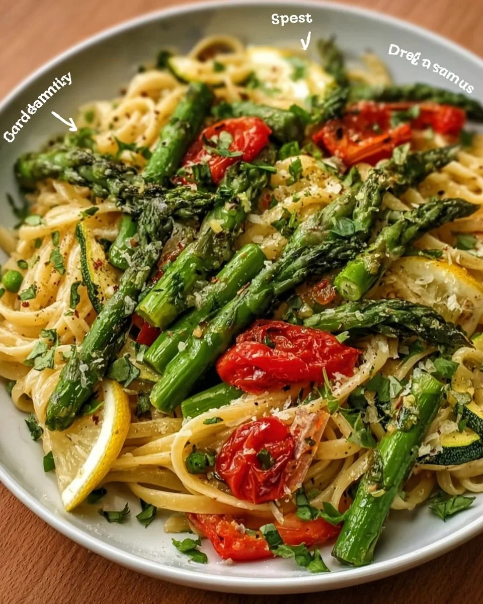 Plate of Spring Pasta Primavera with fresh vegetables and herbs.