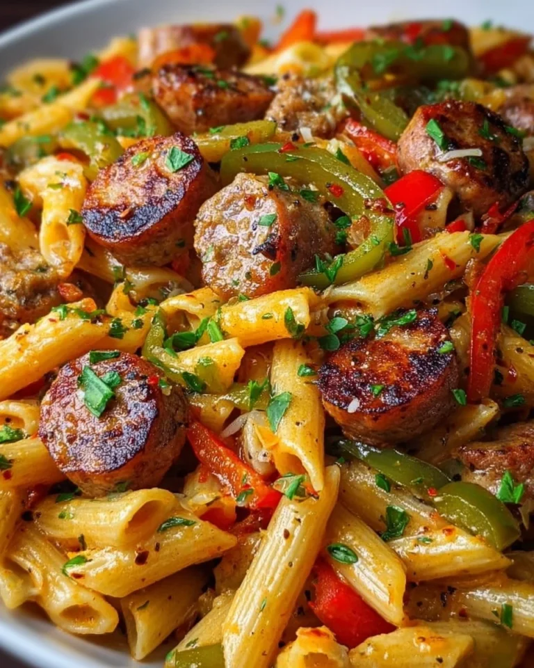 Sticky Cajun Sweet Chili Sausage Pasta Skillet with colorful veggies in a pan