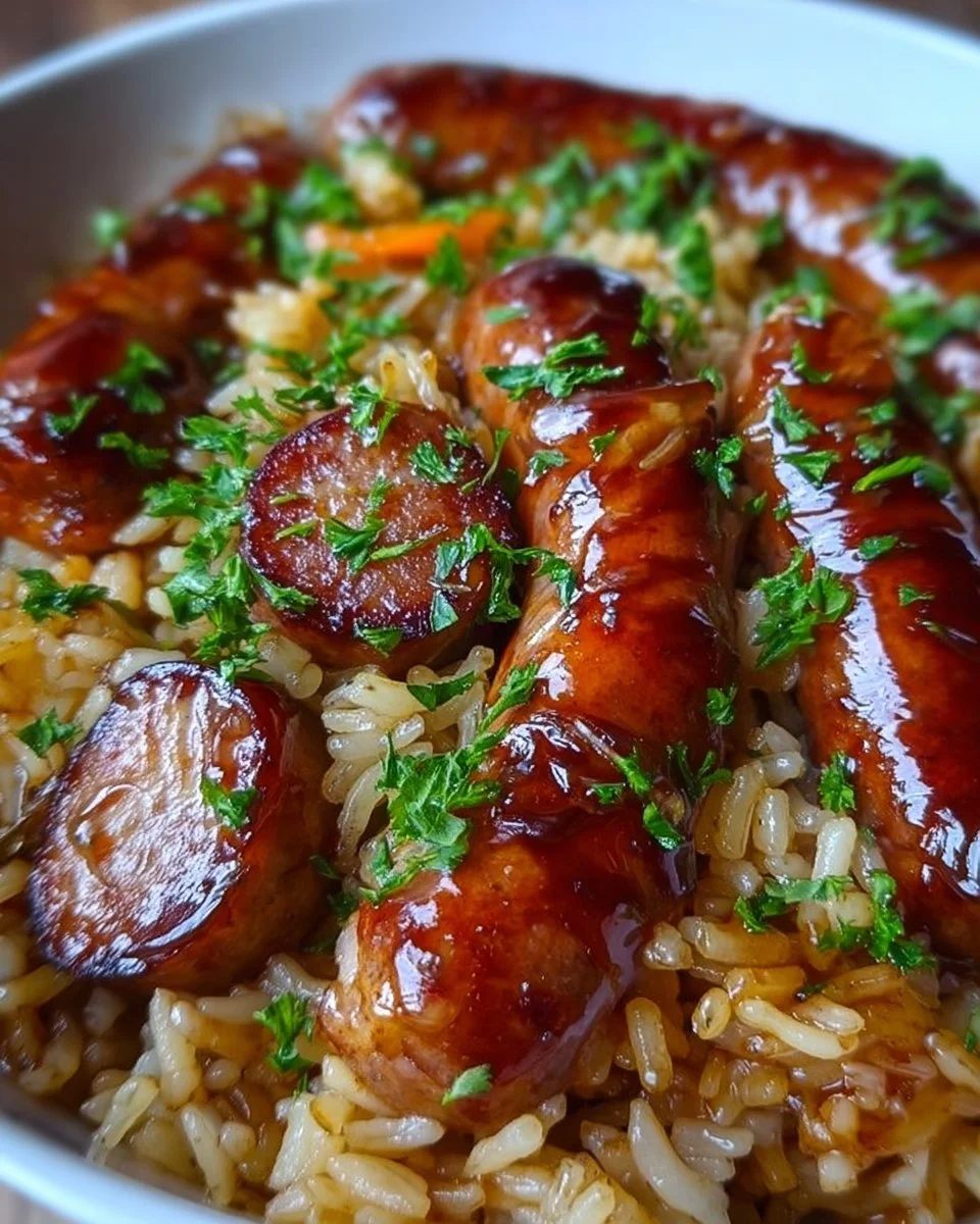 Sticky Honey BBQ Garlic Butter Sausage Rice Skillet with vibrant ingredients
