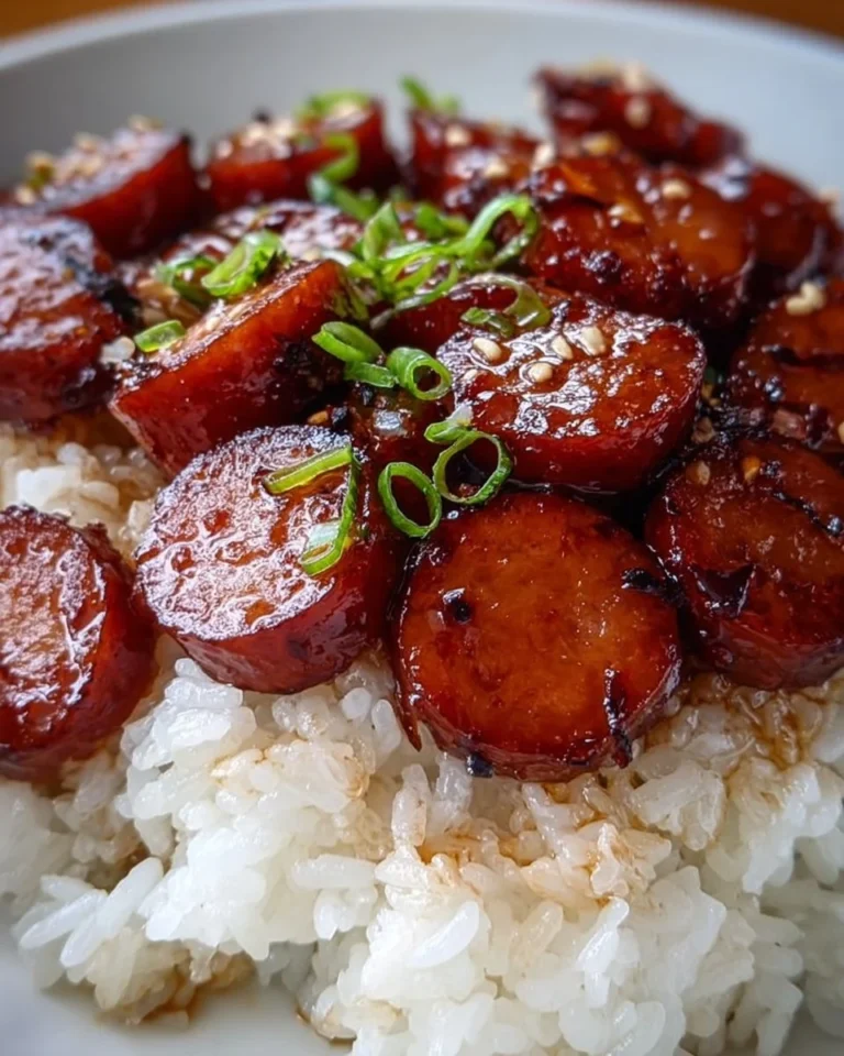 Sticky honey garlic smoked sausage rice dish garnished with green onions.