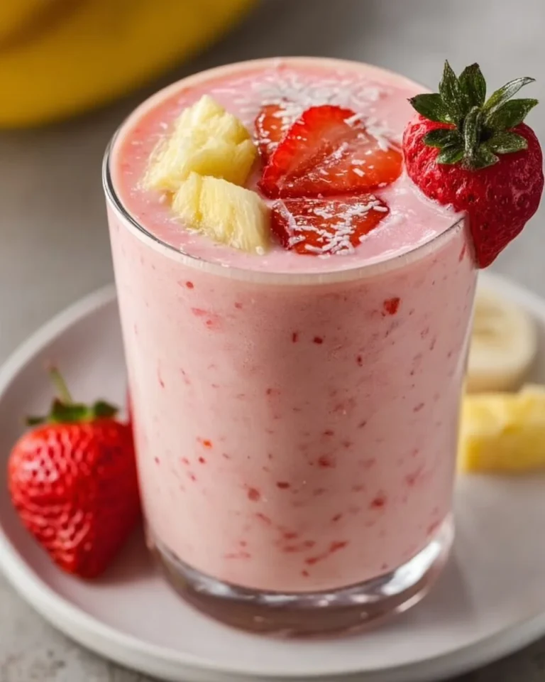 Strawberry banana smoothie with pineapple in a glass, topped with fresh fruit.