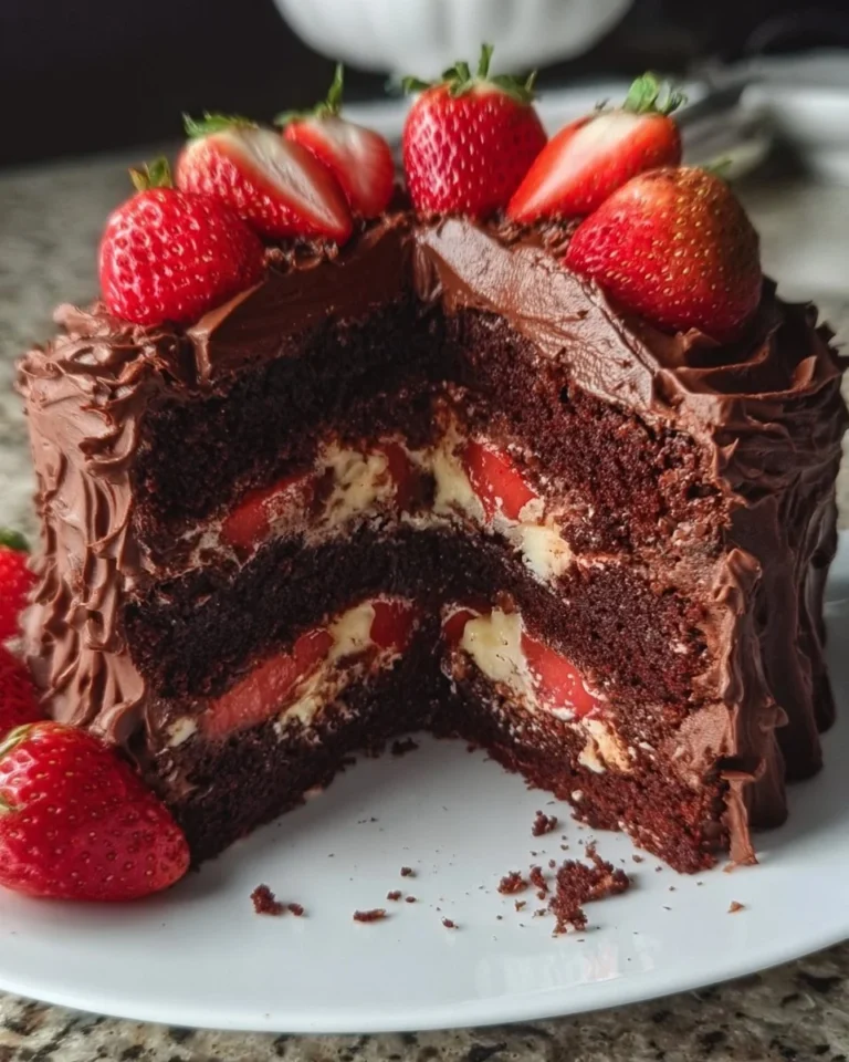 Delicious Strawberry Brigadeiro Chocolate Cake with fresh strawberries and chocolate