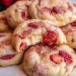 Freshly baked Strawberry Cheesecake Cookies with strawberry topping