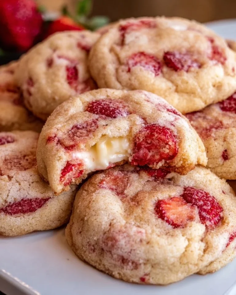 Freshly baked Strawberry Cheesecake Cookies with strawberry topping