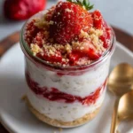 Delicious strawberry cheesecake overnight oats in a glass jar with fresh strawberries.