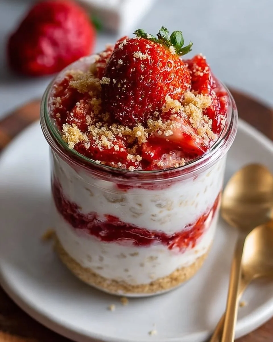 Delicious strawberry cheesecake overnight oats in a glass jar with fresh strawberries.