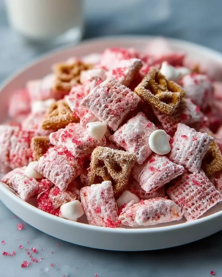Delicious Strawberry Cheesecake Puppy Chow dessert snack