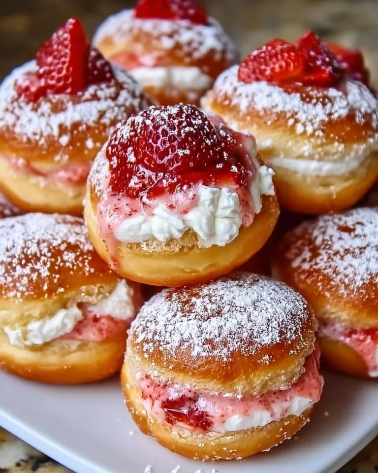 Strawberry cheesecake stuffed donuts beautifully arranged on a plate.