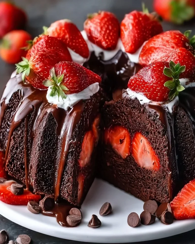 Slice of Strawberry Chocolate Shell Cake drizzled with chocolate and topped with fresh strawberries.