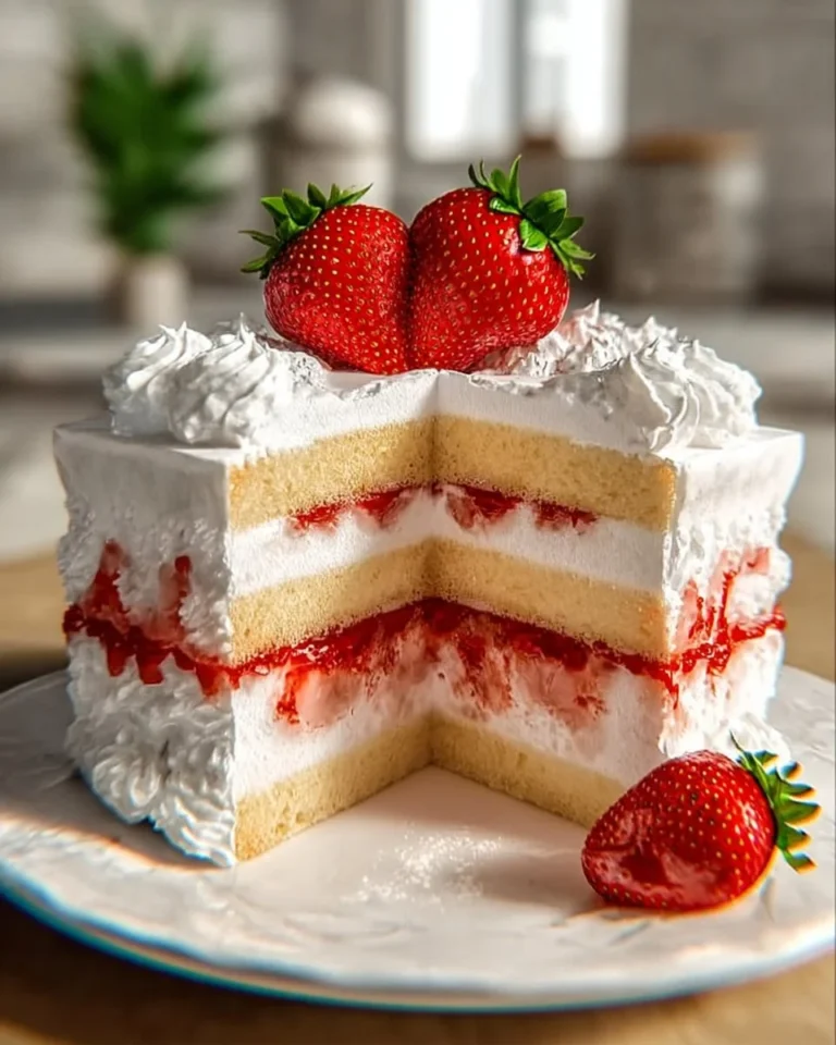 Delicious strawberry cream cake with fresh strawberries and whipped cream frosting