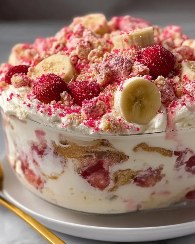 Delicious Strawberry Crunch Banana Pudding dessert in a bowl.