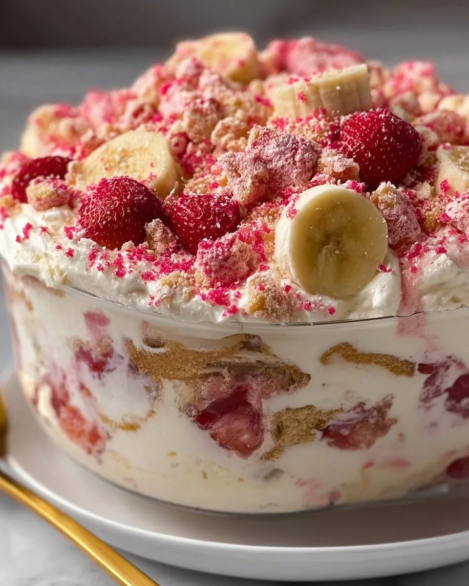 Delicious Strawberry Crunch Banana Pudding dessert in a bowl.