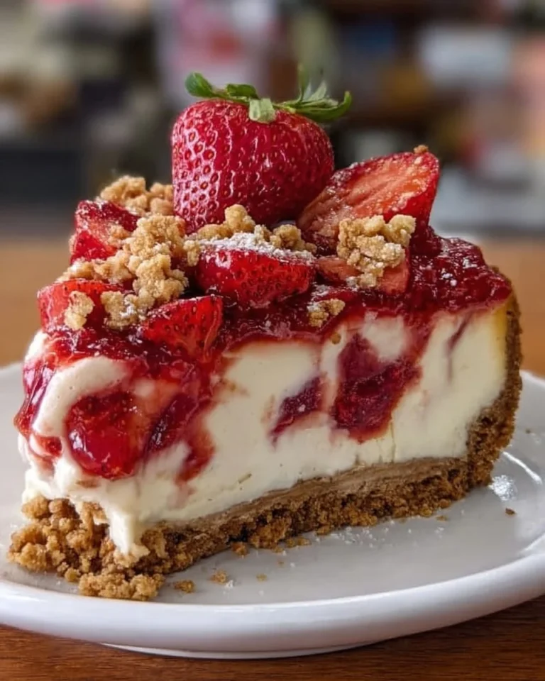Strawberry Crunch Cheesecake topped with fresh strawberries and crunchy crumbs
