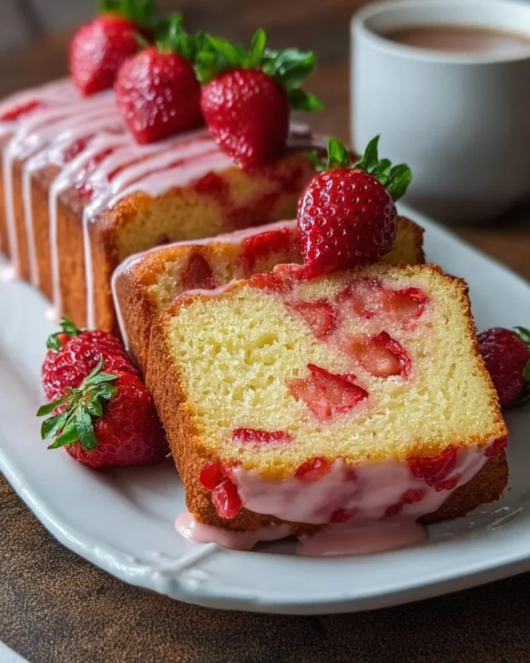 Delicious homemade strawberry pound cake with fresh strawberries on top