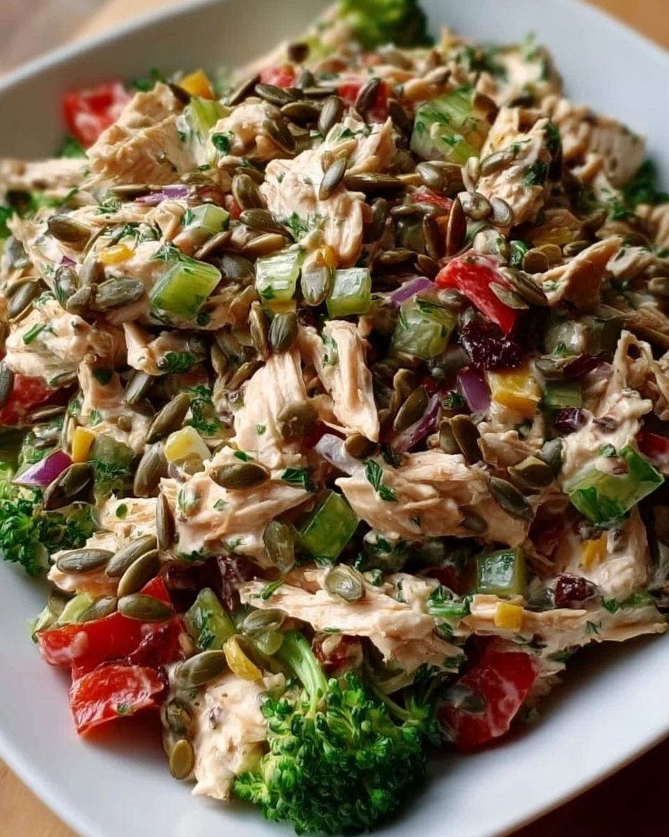 Sunflower Seed Chicken Salad with fresh ingredients in a bowl