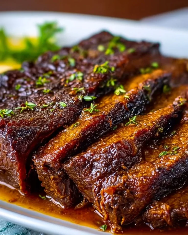 Delicious tender braised beef brisket served with vegetables