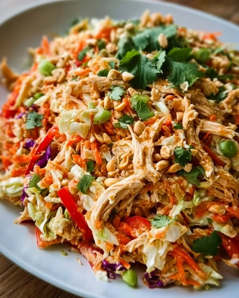 Delicious Thai Peanut Chicken Salad with fresh vegetables and peanut dressing