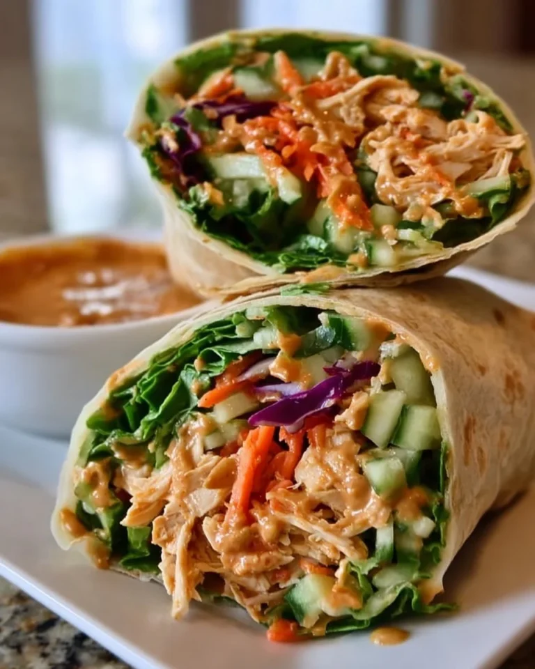 Delicious Thai Peanut Chicken Wraps filled with fresh vegetables and tasty sauce.
