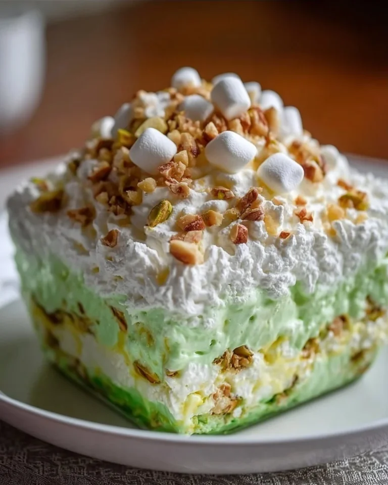 A bowl of Watergate Salad with colorful marshmallows and nuts.