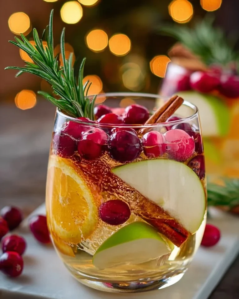 Refreshing White Christmas Sangria garnished with seasonal fruits for festive fun