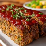 A delicious slice of Amazing Lentil Meatloaf served on a plate with herbs.