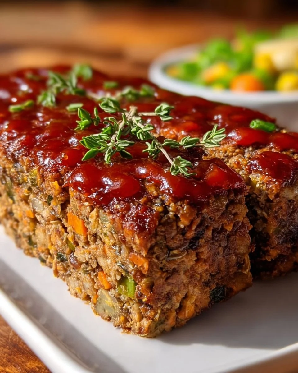 A delicious slice of Amazing Lentil Meatloaf served on a plate with herbs.