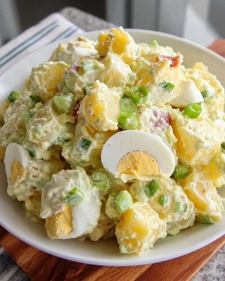 Bowl of delicious Amish Potato Salad garnished with fresh herbs