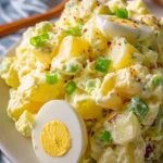 Bowl of traditional Amish Potato Salad garnished with herbs