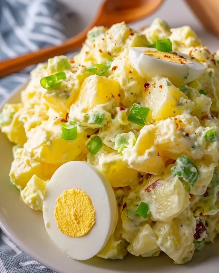 Bowl of traditional Amish Potato Salad garnished with herbs