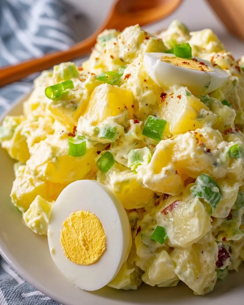 Bowl of traditional Amish Potato Salad garnished with herbs