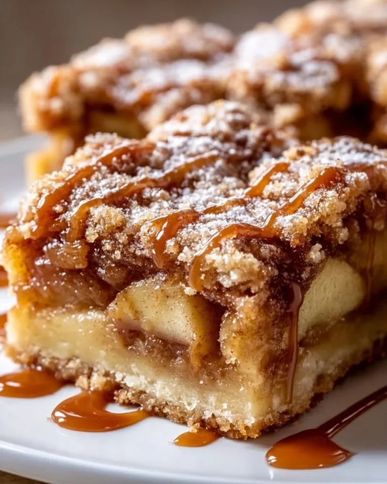 Delicious apple pie bars with spiced apple filling on a wooden table