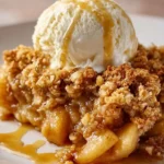 Delicious baked apple crumble dessert with golden crust and warm apple filling