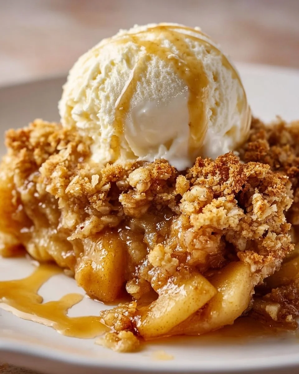 Delicious baked apple crumble dessert with golden crust and warm apple filling