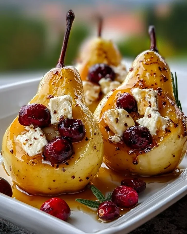 Baked pears with feta cheese, honey drizzle, and cranberries on a plate