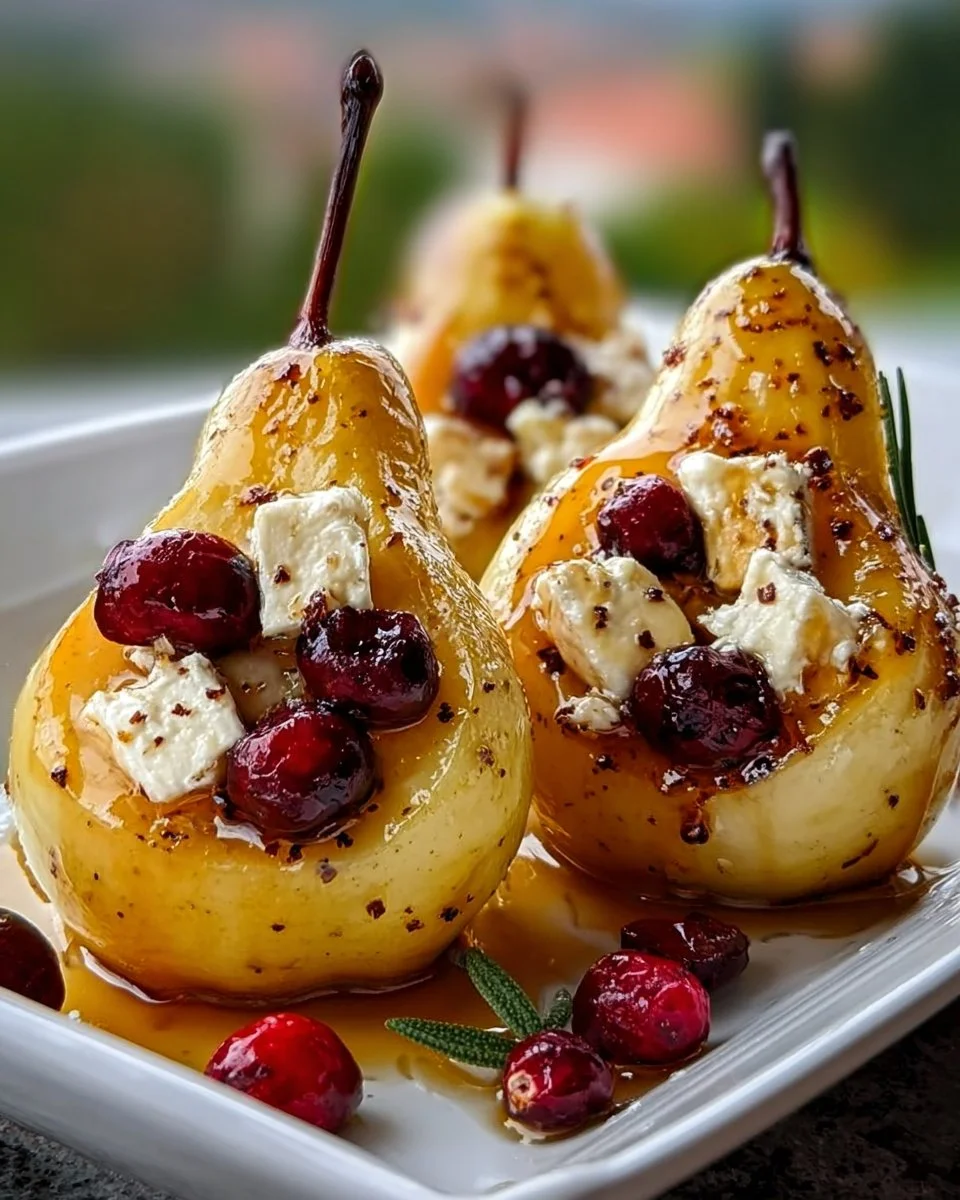 Baked pears with feta cheese, honey drizzle, and cranberries on a plate