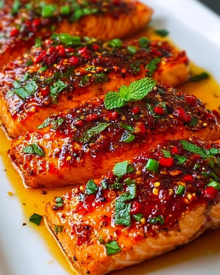 Baked salmon fillet drizzled with sweet chili sauce on a plate.