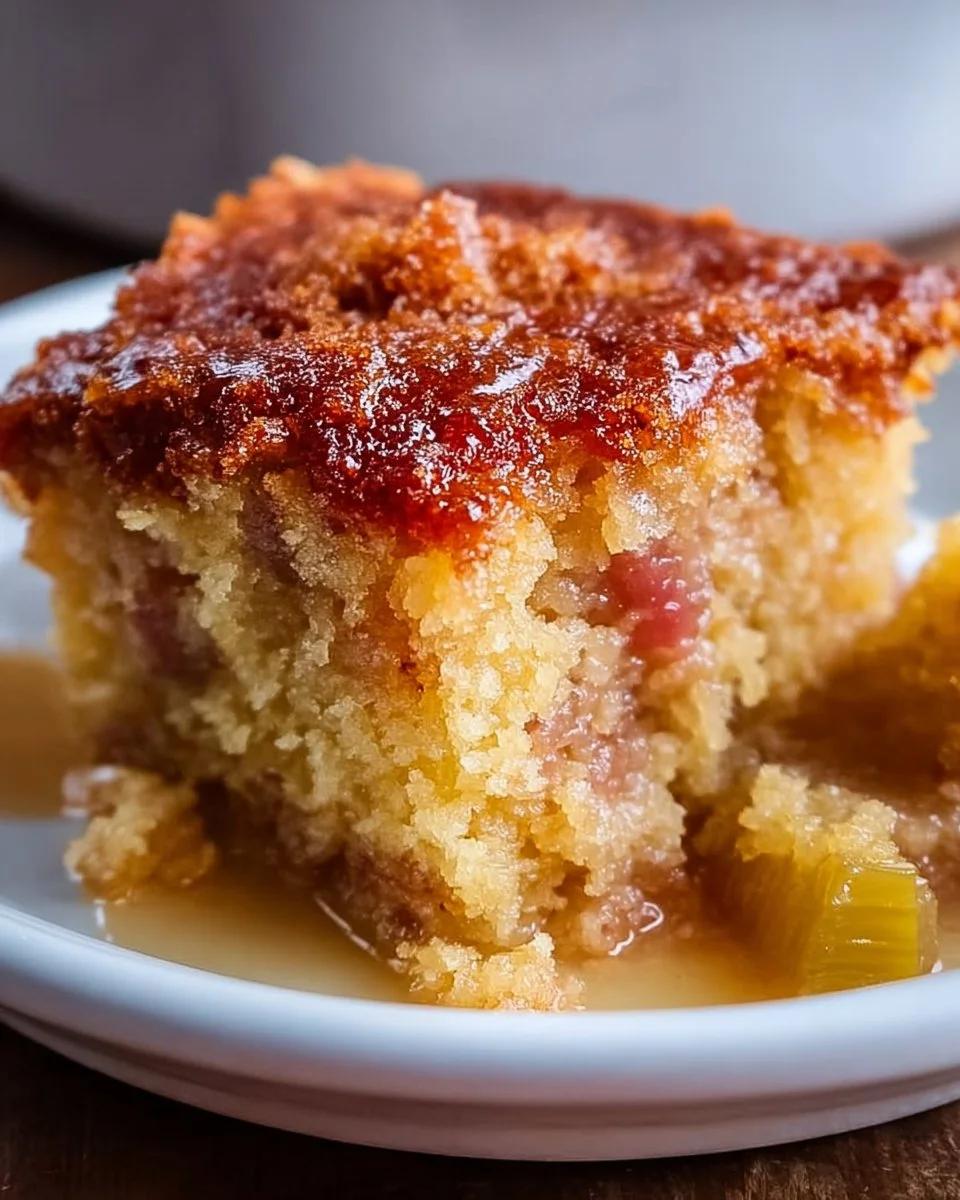 Delicious baked sticky rhubarb pudding served in a bowl