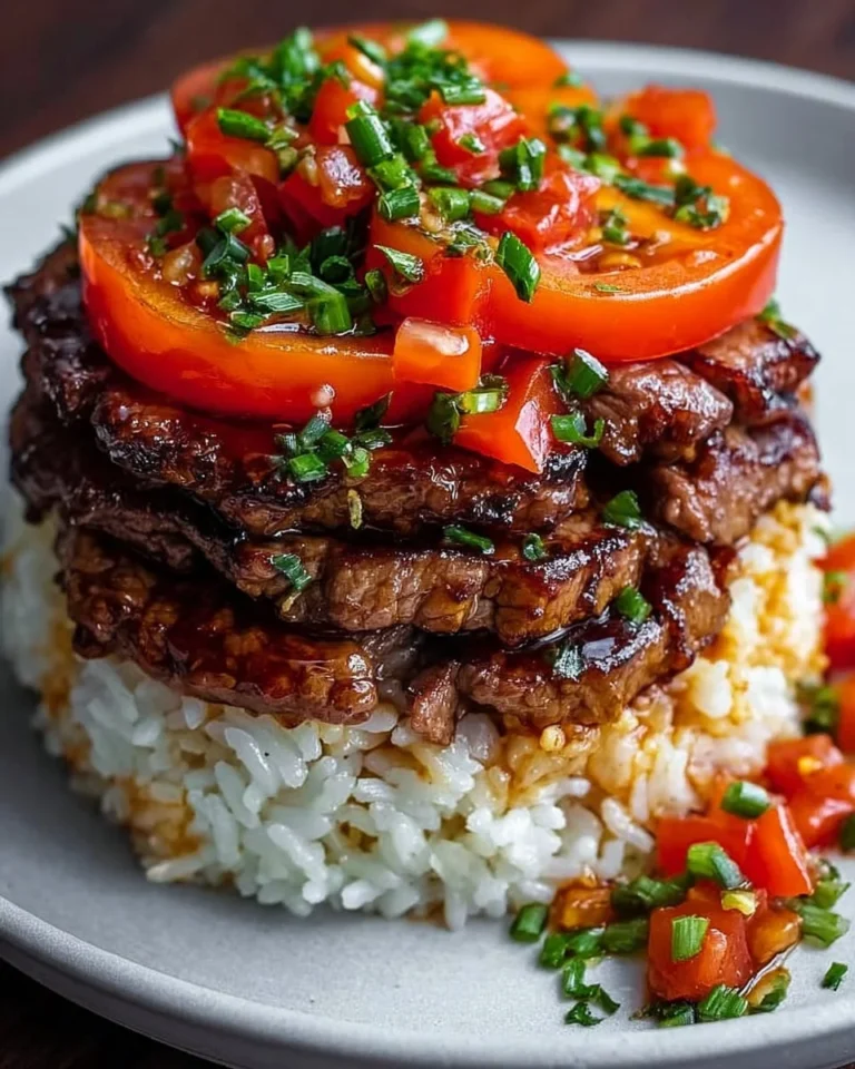 Beef and Rice garnished with Tomato Salsa on a plate