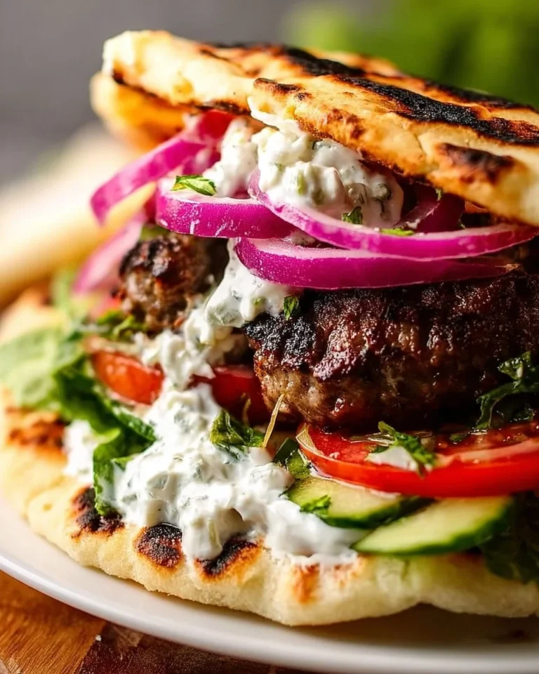 Delicious gyro smash burgers with Mediterranean-inspired toppings.
