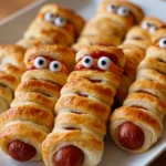 Plate of delicious hot dog mummies wrapped in crescent dough