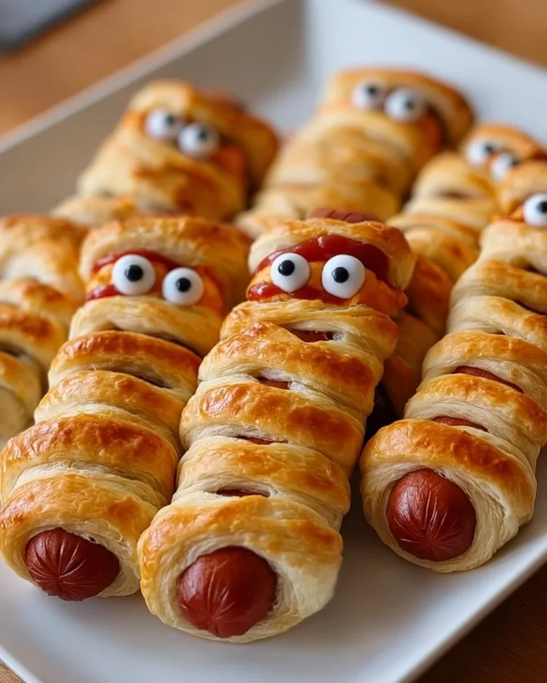 Plate of delicious hot dog mummies wrapped in crescent dough